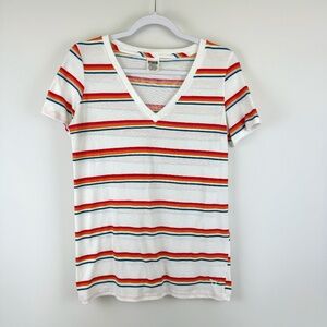 PINK VICTORIA'S SECRET White V Neck Casual T Shirt With Stripes / Size Small